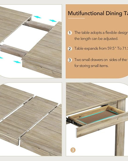 71.5 Inch Dining Table Set for 6, 7-Piece Wooden Extendable Table with 12" Leaf and 2 Drawers, 6 Dining Chairs with Soft Cushion for Dining Room, Living Room, Natural Wood Wash - LeafyLoom