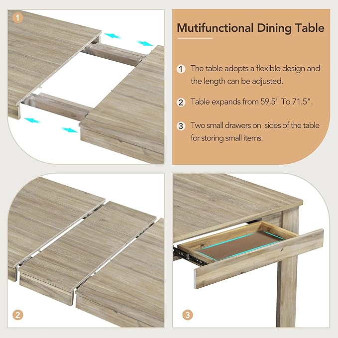 71.5 Inch Dining Table Set for 6, 7-Piece Wooden Extendable Table with 12" Leaf and 2 Drawers, 6 Dining Chairs with Soft Cushion for Dining Room, Living Room, Natural Wood Wash - LeafyLoom