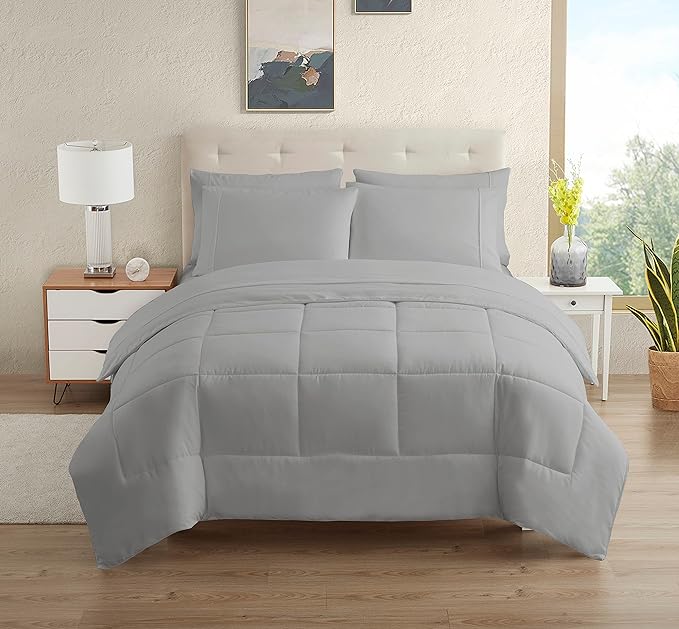 Dorm Room Essentials College Bedding Comforter Set 7 Piece Full Size Bed in a Bag for College Students Boys and Girls, Full, Silver - LeafyLoom