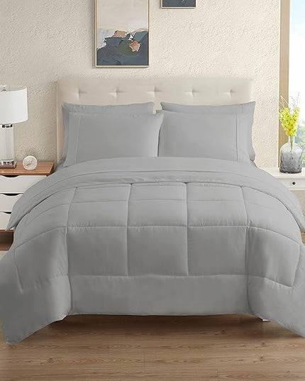 Dorm Room Essentials College Bedding Comforter Set 5 Piece Twin Size Bed in a Bag for College Students Boys and Girls, Twin, Silver - LeafyLoom