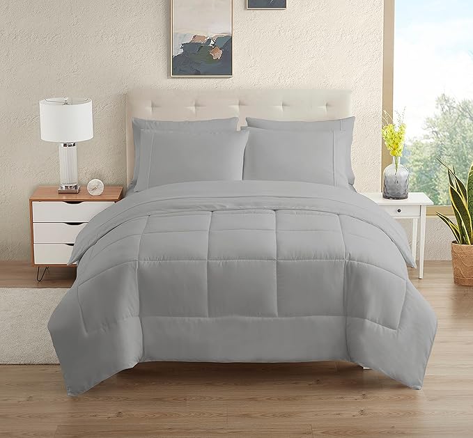 Dorm Room Essentials College Bedding Comforter Set 5 Piece Twin Size Bed in a Bag for College Students Boys and Girls, Twin, Silver - LeafyLoom