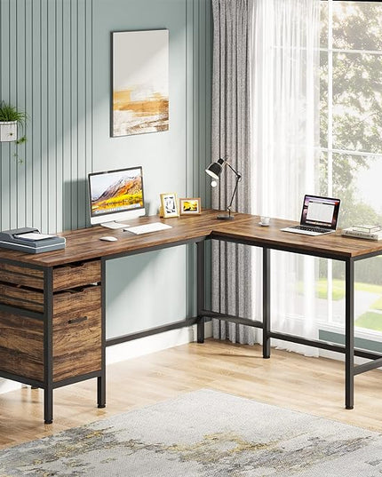 Tribesigns L Shaped Desk with File Drawer Cabinet, 59 Inch Corner Desk L Shaped Computer Desk with Drawers, PC Table Writing Desk for Home Office, Rustic Brown - LeafyLoom