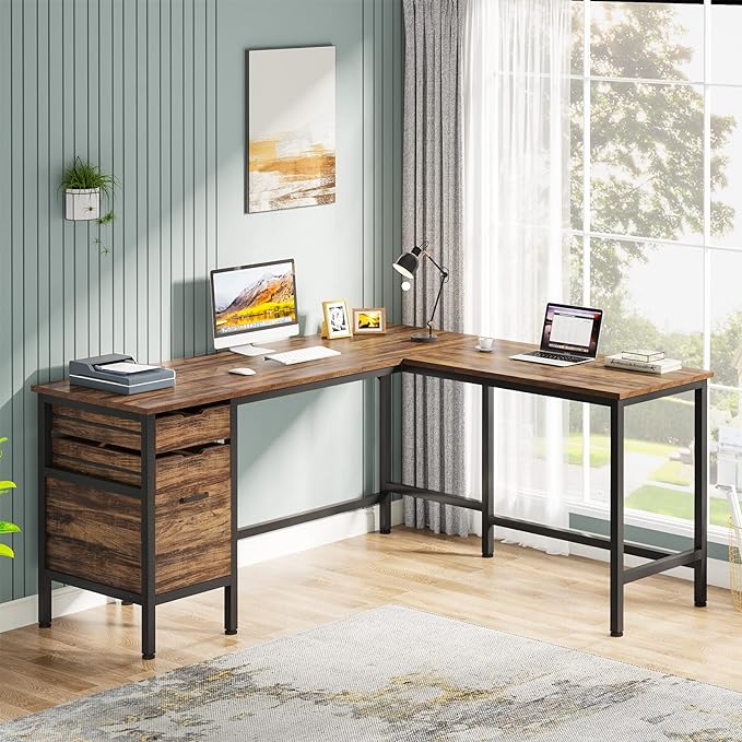 Tribesigns L Shaped Desk with File Drawer Cabinet, 59 Inch Corner Desk L Shaped Computer Desk with Drawers, PC Table Writing Desk for Home Office, Rustic Brown - LeafyLoom