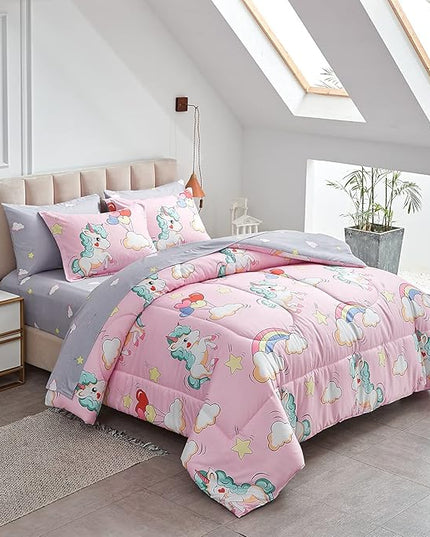 UOZZI BEDDING Kids Girls Bed in a Bag 6 Pieces Twin Size Unicorn Pink Colorful Comforter Set - (1 Soft Microfiber, Reversible Comforter, 2 Pillow Shams, 1 Flat Sheet, 1 Fitted Sheet, 1 Pillowcases) - LeafyLoom