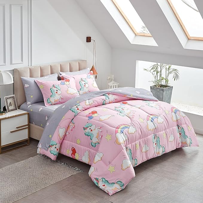 UOZZI BEDDING Kids Girls Bed in a Bag 6 Pieces Twin Size Unicorn Pink Colorful Comforter Set - (1 Soft Microfiber, Reversible Comforter, 2 Pillow Shams, 1 Flat Sheet, 1 Fitted Sheet, 1 Pillowcases) - LeafyLoom