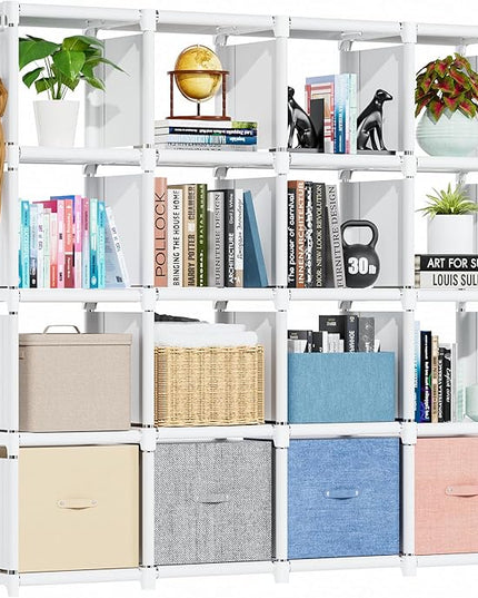 Mavivegue Book Shelf, 16 Cube Storage Organizer, Metal Cube Bookshelf, DIY Bookcase, Tall Book case for Bedroom, Living Room, Office, Closet Storage Organizer, Black Cubicle Storage Rack-White - LeafyLoom