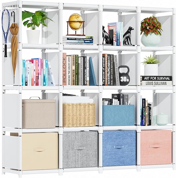 Mavivegue Book Shelf, 16 Cube Storage Organizer, Metal Cube Bookshelf, DIY Bookcase, Tall Book case for Bedroom, Living Room, Office, Closet Storage Organizer, Black Cubicle Storage Rack-White - LeafyLoom