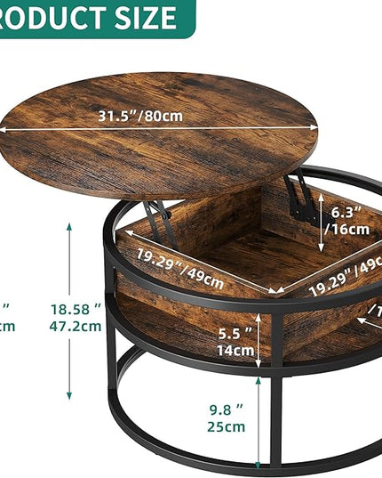YITAHOME Round Lift Top Coffee Table, Coffee Tables for Living Room with Hidden Storage Compartment, Modern Coffee Table with Storage for Home Office,Round Center Tables Living Room,Rustic Brown - LeafyLoom