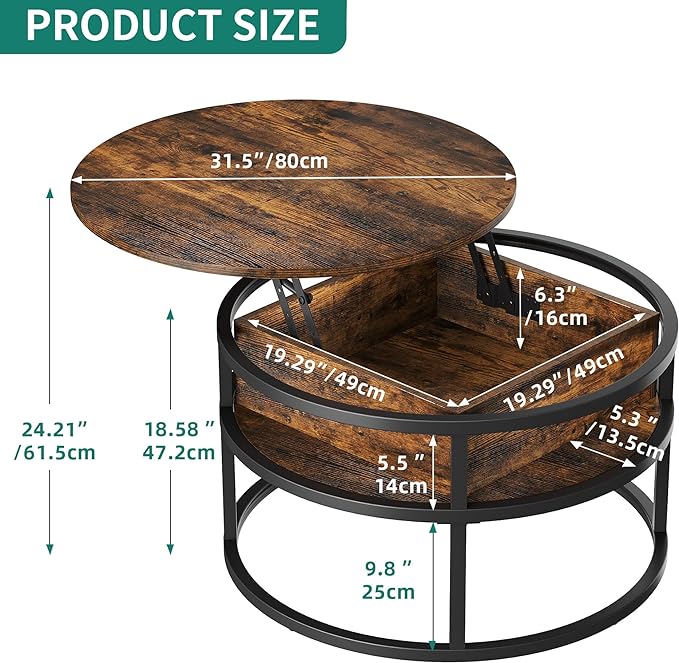 YITAHOME Round Lift Top Coffee Table, Coffee Tables for Living Room with Hidden Storage Compartment, Modern Coffee Table with Storage for Home Office,Round Center Tables Living Room,Rustic Brown - LeafyLoom