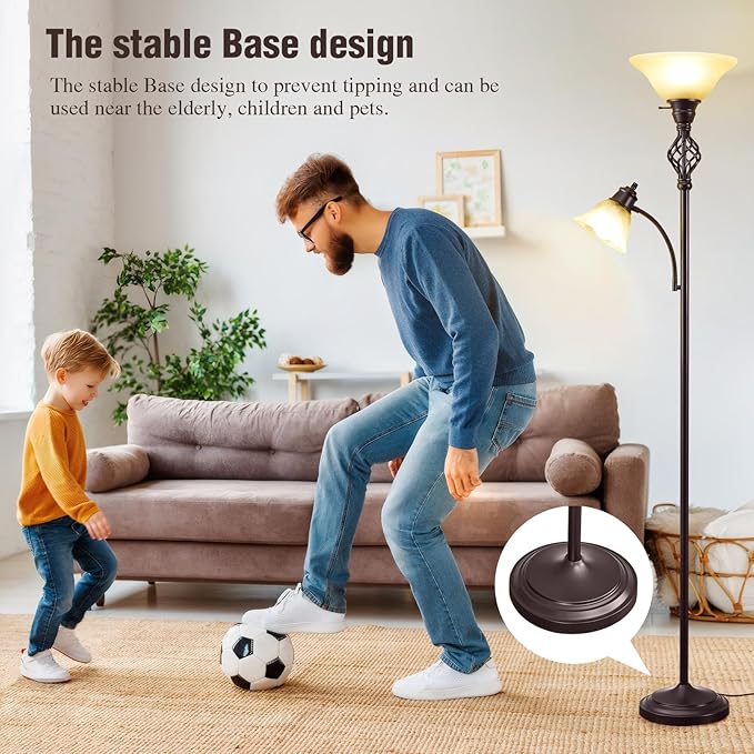 Floor Lamp, Standing Lamp with Adjustable Side Reading Light, Floor Lamps for Living Room with Glass Shade 72-Inch Torchiere Tall Lamps Decor for Bedroom Living Room Den Office (Bulb Included) - LeafyLoom