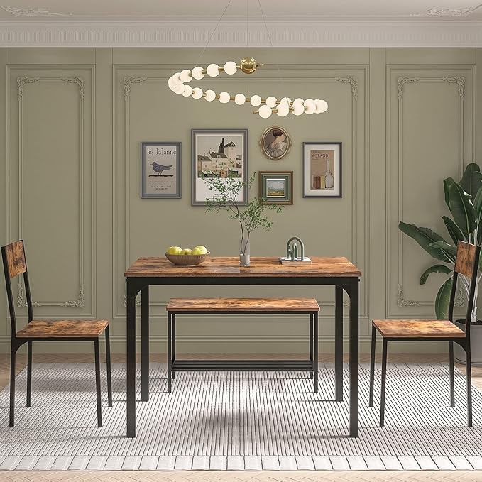 soges 4 Pieces Dining Table Set, 43.3 inch Kitchen Table Set for 4, Dining Set with 2 Chairs and Bench with Storage Rack, Nesting Furniture Set for Dining Room, Kitchen, Restaurant, Rustic Brown - LeafyLoom