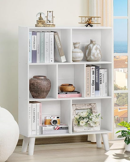 YAHARBO Pure White Bookshelf,3 Tier Book Shelf with Legs, 7 Cube Simple Bookcase,Storage Organizer Shelves Display Bookcases for Bedroom,Living Room - LeafyLoom