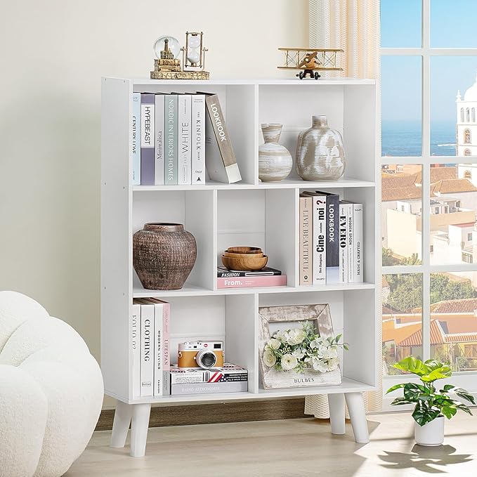 YAHARBO Pure White Bookshelf,3 Tier Book Shelf with Legs, 7 Cube Simple Bookcase,Storage Organizer Shelves Display Bookcases for Bedroom,Living Room - LeafyLoom