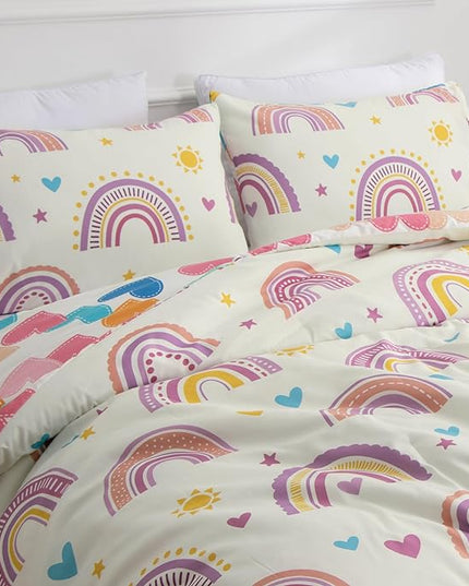 Btargot Lightweight Soft 3 Piece Rainbow Comforter Set with 2 Pillow Covers, Cartoon Love Hearts Suns and Stars Bedding Set for Girls Boys Kids, Full Purple - LeafyLoom