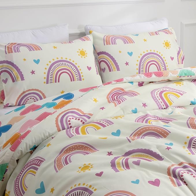 Btargot Lightweight Soft 3 Piece Rainbow Comforter Set with 2 Pillow Covers, Cartoon Love Hearts Suns and Stars Bedding Set for Girls Boys Kids, Full Purple - LeafyLoom