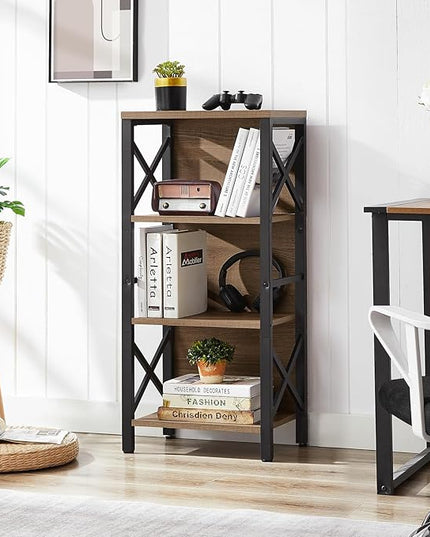 Bookcase, Industrial Small Bookshelf,4-Tier Narrow Bookcase Storage Organizer, Small Book Shelf for Small Spaces, Living Room, Bedroom and Home Office, Brown - LeafyLoom
