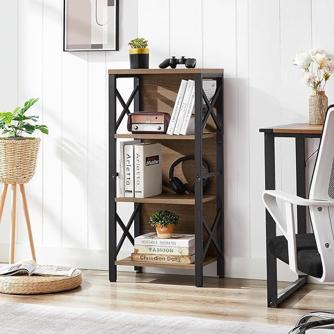 Bookcase, Industrial Small Bookshelf,4-Tier Narrow Bookcase Storage Organizer, Small Book Shelf for Small Spaces, Living Room, Bedroom and Home Office, Brown - LeafyLoom