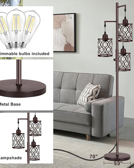 68" Farmhouse floor lamp, Dimmable Industrial Floor Lamps for Living Room, 3 Light Rustic Standing Tall Lamp Including 3 PCS 6W E26 Bulbs, Tree Floor Lamp for Bedrooms Room, Office, Bar, Brown - LeafyLoom
