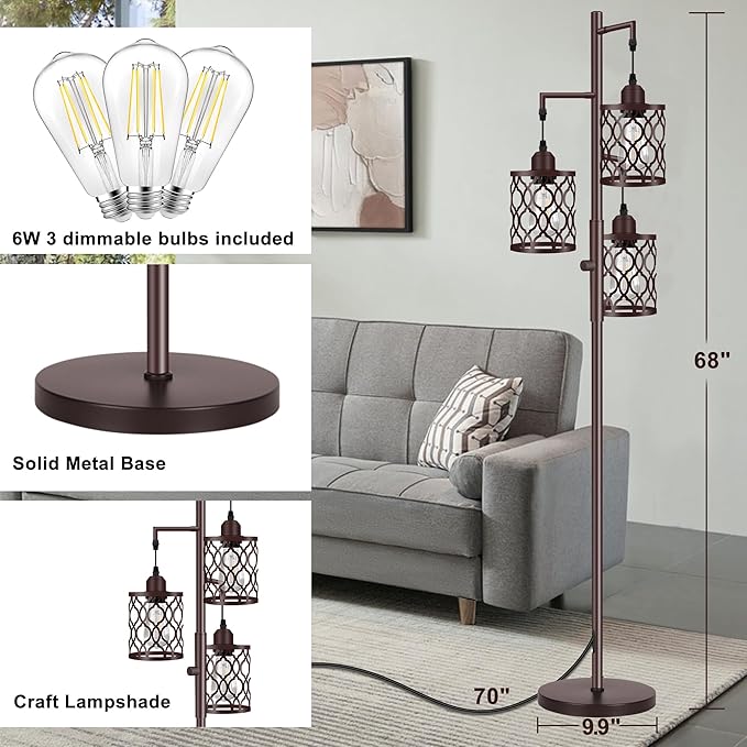 68" Farmhouse floor lamp, Dimmable Industrial Floor Lamps for Living Room, 3 Light Rustic Standing Tall Lamp Including 3 PCS 6W E26 Bulbs, Tree Floor Lamp for Bedrooms Room, Office, Bar, Brown - LeafyLoom
