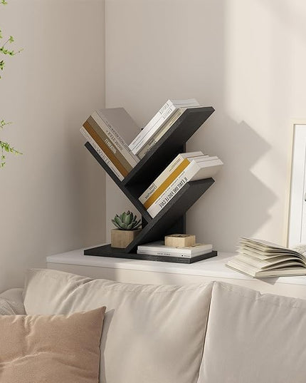 Tajsoon Tree Bookshelf 3 Tier Book Storage Organizer Shelves, Desktop Bookshelf Floor Standing Bookcase Display for CDs/Magazine/Books, Small Bookshelf for Bedroom, Living Room&Office, Black - LeafyLoom