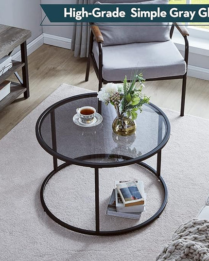 SAYGOER Round Coffee table Glass Coffee Tables for Small Space Simple Modern Center Table for Living Room Home Office, Sofa Side Table with Metal Steel Frame, Easy Assembly, Gray Black - LeafyLoom