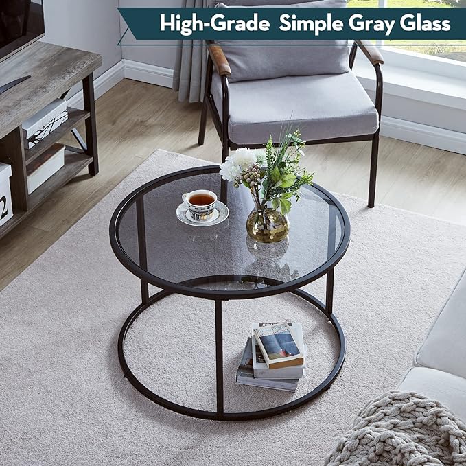 SAYGOER Round Coffee table Glass Coffee Tables for Small Space Simple Modern Center Table for Living Room Home Office, Sofa Side Table with Metal Steel Frame, Easy Assembly, Gray Black - LeafyLoom