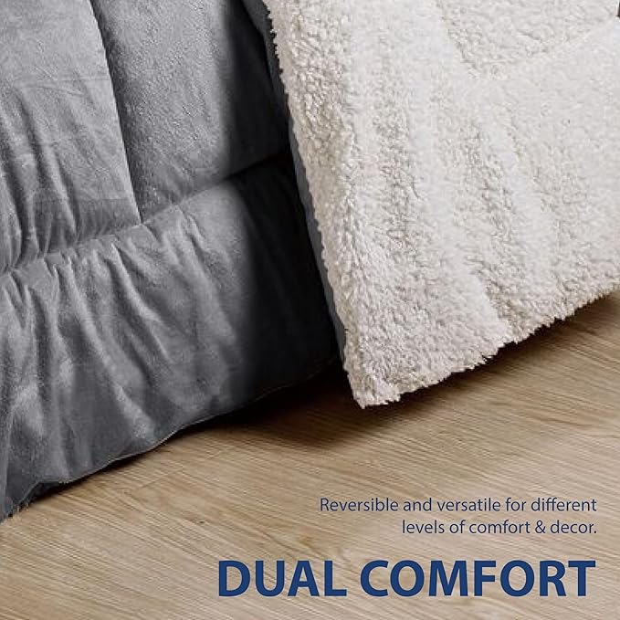 Cathay Home Full Comforter Set: Ultra Soft and Plush Reversible Micromink and Sherpa 3-Piece Bedding Set, Pewter, Full (76" x 86") - LeafyLoom