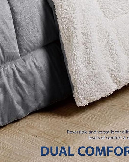 Cathay Home Queen Comforter Set: Ultra Soft and Plush Reversible Micromink and Sherpa 3-Piece Bedding Set, Pewter, Queen (90" x 90") - LeafyLoom