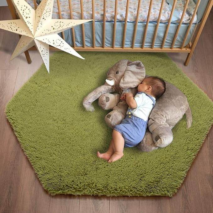 junovo Ultra Soft Rug for Nursery Children Room Baby Room Home Decor Dormitory Hexagon Carpet for Playhouse Princess Tent Kids Play Castle, Diameter 4.6 ft, Green - LeafyLoom