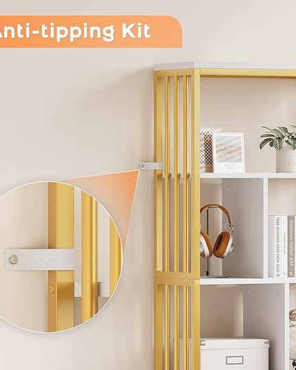 IDEALHOUSE Bookshelf with Drawers Modern Bookcase Storage Rack Shelf Tall Standing Bookshelves Metal Frame Large Gold Display Racks Book Shelf for Bedroom, Living Room, Home Office - LeafyLoom