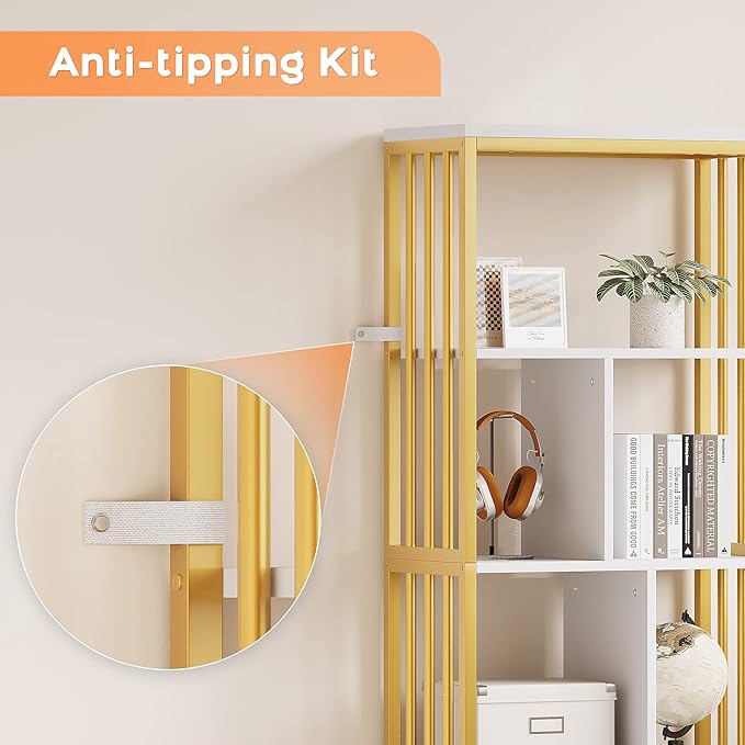 IDEALHOUSE Bookshelf with Drawers Modern Bookcase Storage Rack Shelf Tall Standing Bookshelves Metal Frame Large Gold Display Racks Book Shelf for Bedroom, Living Room, Home Office - LeafyLoom