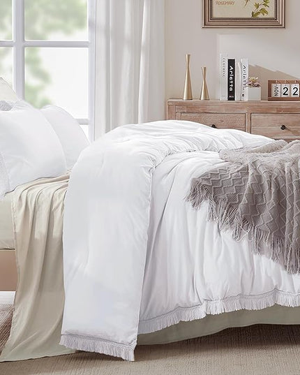 Andency White Comforter Set Full, 3 Pieces Boho Lightweight Bedding Comforters & Sets, All Season Soft Fluffy Tassel Bed Set (79x90In Comforter & 2 Pillowcases) - LeafyLoom