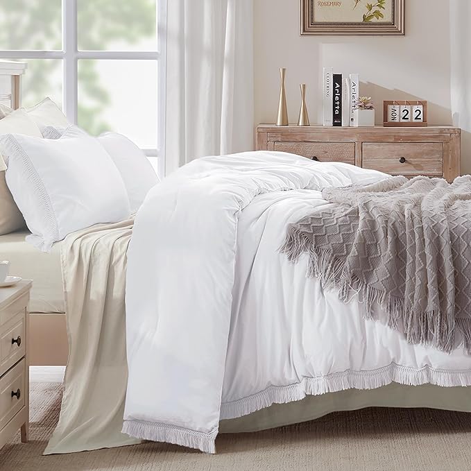 Andency White Comforter Set Full, 3 Pieces Boho Lightweight Bedding Comforters & Sets, All Season Soft Fluffy Tassel Bed Set (79x90In Comforter & 2 Pillowcases) - LeafyLoom