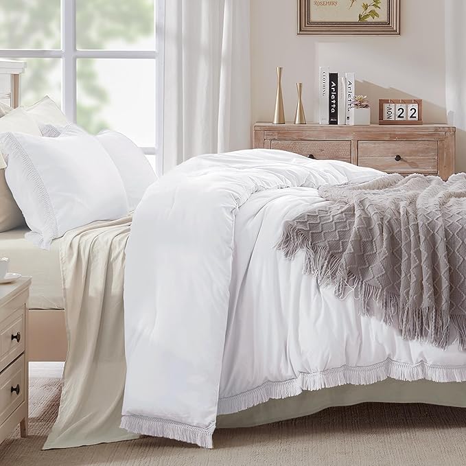 Andency White Comforter Set Twin Size, 2 Pieces Boho Lightweight Tassel Bedding Comforter Sets, All Season Soft Fluffy Fringe Bed Set (66x90In Comforter & 1 Pillowcase) - LeafyLoom