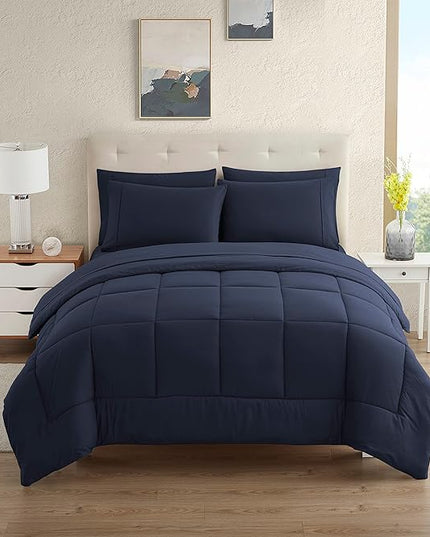 Dorm Room Essentials College Bedding Comforter Set 7 Piece Full Size Bed in a Bag for College Students Boys and Girls, Full, Navy Blue - LeafyLoom