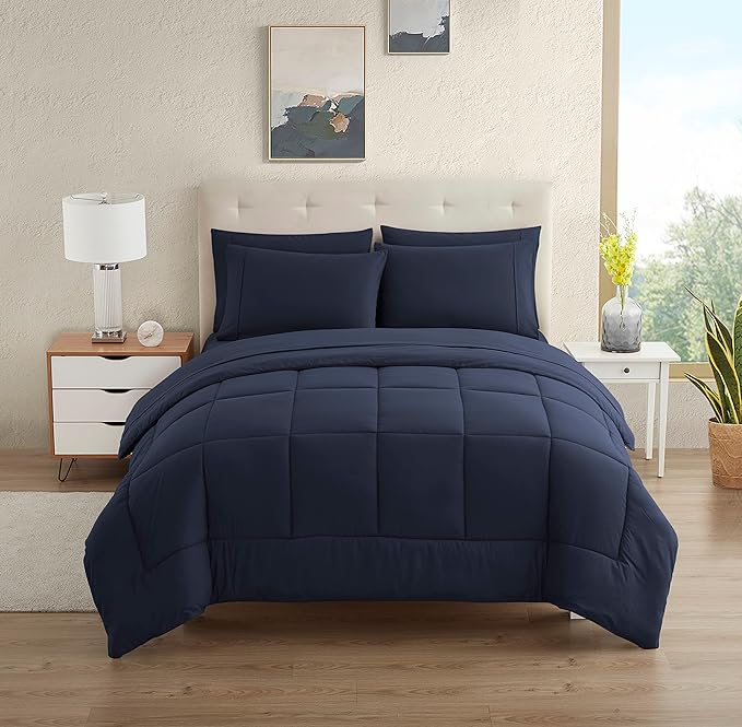 Sweet Home Collection Bedding Set, 5 Piece Twin XL Comforter Set with Navy Blue Microfiber Bed in a Bag for College Students - LeafyLoom