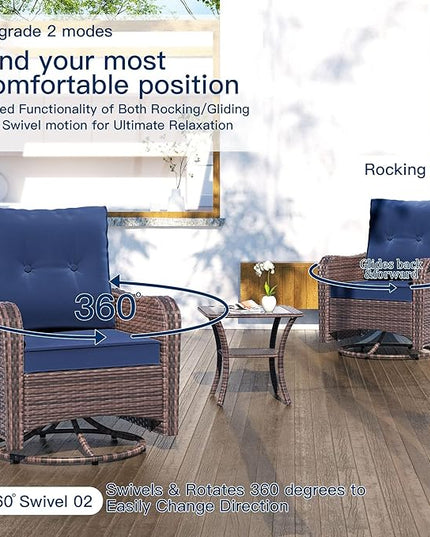 Kullavik 10PCS Outdoor Patio Furniture Set,PE Wicker Rattan Sectional Sofa Patio Conversation Sets with 43" 55000BTU Gas Propane Fire Pit Table,Swivel Rocking Chairs Set,Dark Blue - LeafyLoom