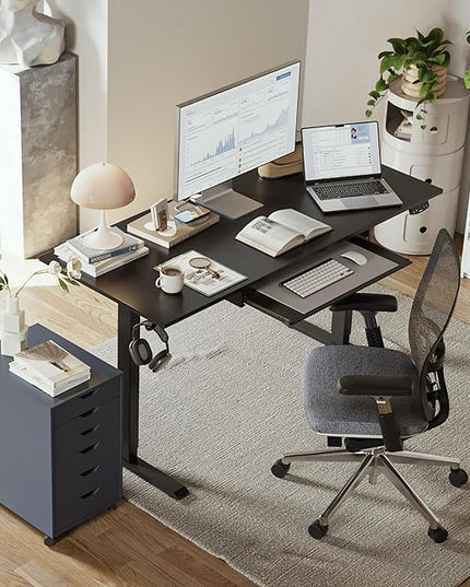 Height Adjustable Desk with Keyboard Tray, 48 x 24 Inches Electric Standing Desk, Stand up Computer Table with Memory Preset, Gaming Modern Lift Motorized Gaming Workstation, Black - LeafyLoom