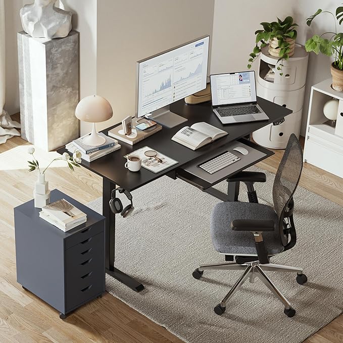 Height Adjustable Desk with Keyboard Tray, 48 x 24 Inches Electric Standing Desk, Stand up Computer Table with Memory Preset, Gaming Modern Lift Motorized Gaming Workstation, Black - LeafyLoom