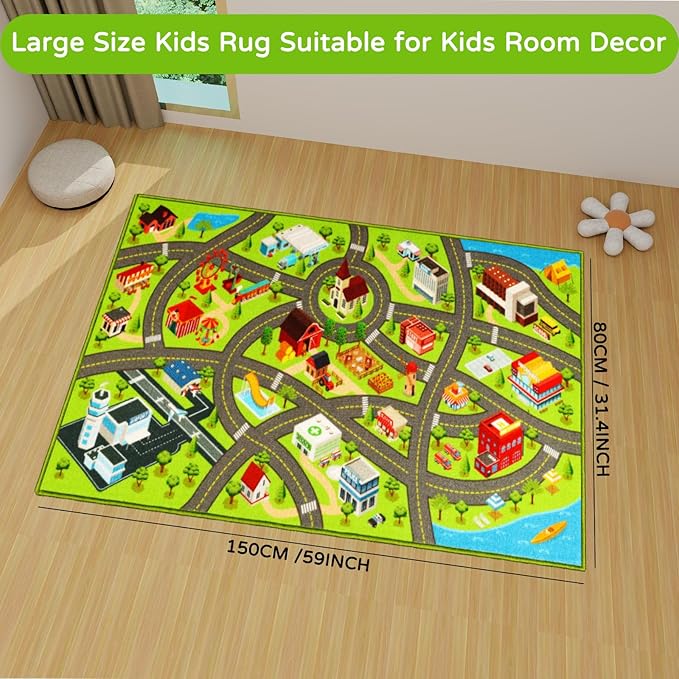 Kids Rugs Traffic Road Carpet for Car City Map Play Rug 3.3'×5' for Playroom Educational Mat Area Rug, Kid Playtime Collection Toddler Car Track Rug Cute Cartoon (City Road A, 39.4×59 in) - LeafyLoom