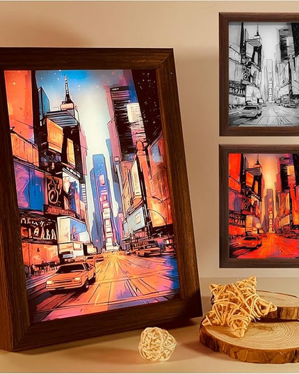 Upgraded Lighting Shadow Art Painting Decoration, Touch Control Color Change Light with Walnut Wood Photo Frame and USB Charging, Excellent Glowing Memoriable Present. (Cyber Time Square) - LeafyLoom