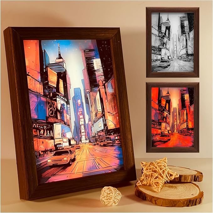Upgraded Lighting Shadow Art Painting Decoration, Touch Control Color Change Light with Walnut Wood Photo Frame and USB Charging, Excellent Glowing Memoriable Present. (Cyber Time Square) - LeafyLoom