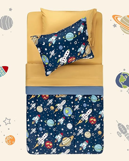 SLEEP ZONE Kids Bedding Comforter Set Full/Queen Size - Super Cute & Soft Kids Bedding 7 Pieces Set with Comforter, Sheet, Pillowcase & Sham (Rocket Galaxy) - LeafyLoom