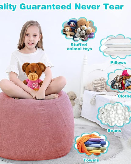 Stuffed Animal Storage Bean Bag Chair Cover (No Filler) for Kids and Adults.Soft Premium Corduroy Stuffable Beanbag for Organizing Children Plush Toys or Memory Foam Small 100L (Pink) - LeafyLoom