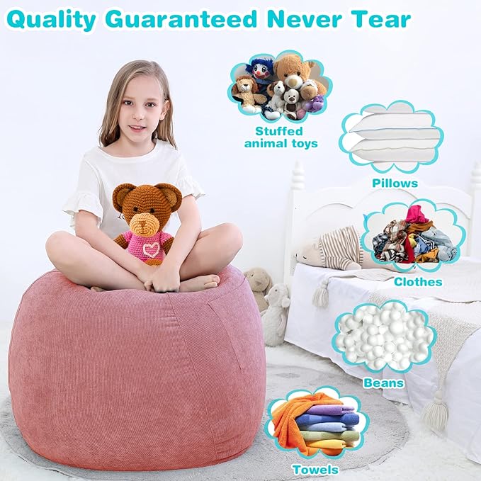 Stuffed Animal Storage Bean Bag Chair Cover (No Filler) for Kids and Adults.Soft Premium Corduroy Stuffable Beanbag for Organizing Children Plush Toys or Memory Foam Small 100L (Pink) - LeafyLoom