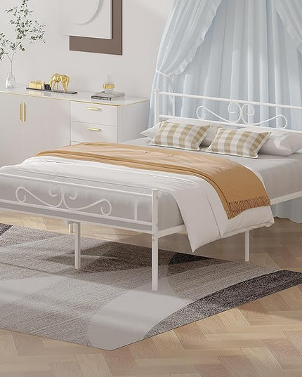 VECELO Queen Size Bed Frame with Headboard, 14 Inch Metal Platform Mattress Foundation, No Box Spring Needed, Squeak Resistant, Easy Assembly, White - LeafyLoom