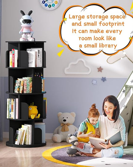 Rotating Bookshelf, Wood Corner Bookshelf, 360 Display Spinning Bookcase Storage Rack, 4 Tier Floor Standing Revolving Bookcase Narrow Book Shelf Organizer for Small Space, Bedroom, Black - LeafyLoom