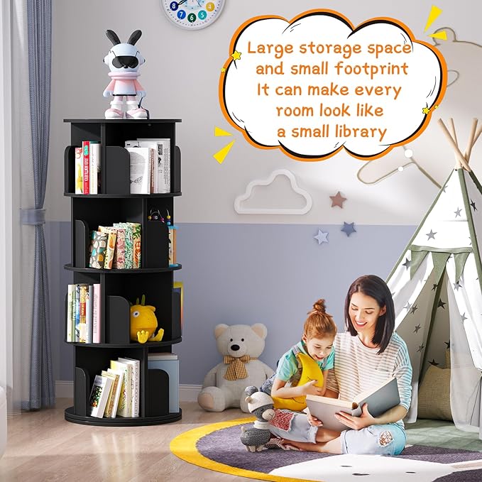 Rotating Bookshelf, Wood Corner Bookshelf, 360 Display Spinning Bookcase Storage Rack, 4 Tier Floor Standing Revolving Bookcase Narrow Book Shelf Organizer for Small Space, Bedroom, Black - LeafyLoom