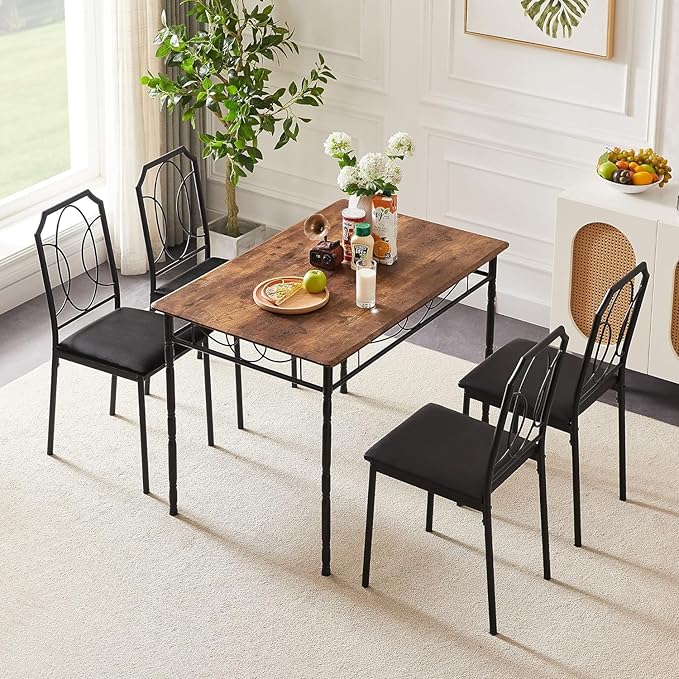 VECELO 5 Pieces Sets,43.3" Table&Chairs for 4,Industrial Counter Height Tabletop with Bar Stools, Rectangle Breakfast Chairs, Living Room, Apartment, Dining Table for 4, Brown - LeafyLoom