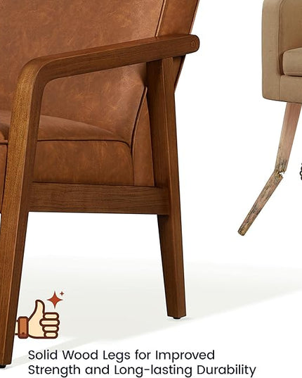 Yaheetech PU Leather Accent Chair, Mid-Century Modern Barrel Chair with Wooden Frame and Soft Thick Padded for Living Room Bedroom Home Office, 2 Pieces, Light Brown - LeafyLoom